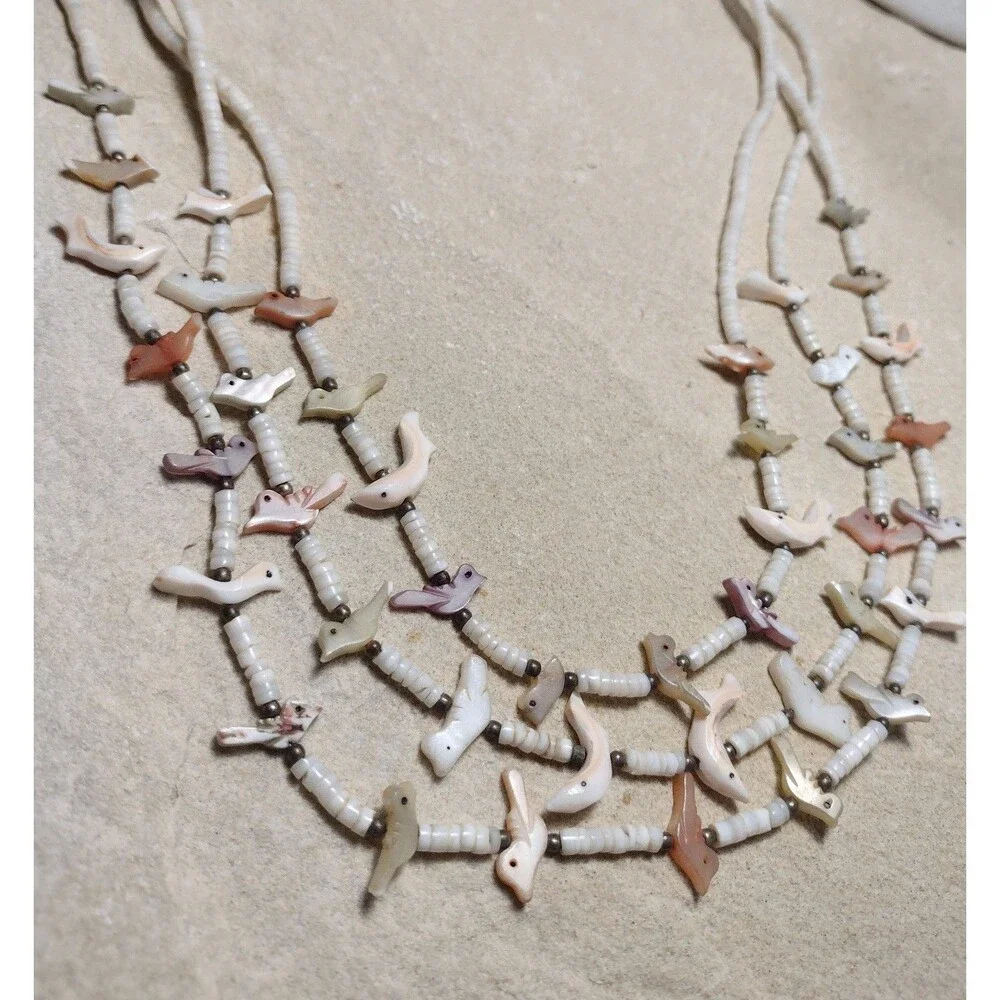 Vintage Fetish Bird Triple Strand Heishi MOP Necklace